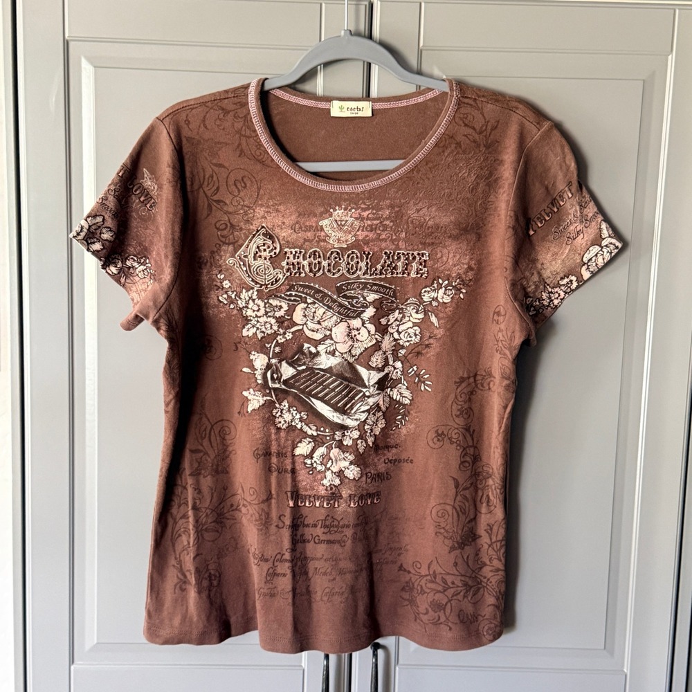 Cactus Womens Y2K Embellished Chocolate Love Graphic Shirt, Brown,L
